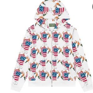 Men's White Graphic Zip-Up Hoodie, burning firecrackers. BNWOT Denim Tears. Sz M